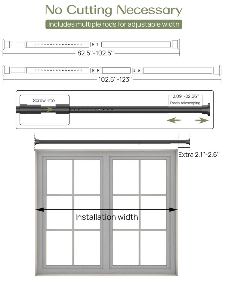 ALLZONE Tension Curtain Rod for Window, 83-123 Inches, Heavy Duty Curtain Rods No Drilling, Non-Slip Bathroom Shower Tension Rod, Renter Friendly, Adjustable, Spring Loaded, Extra Long, Black - Image 5